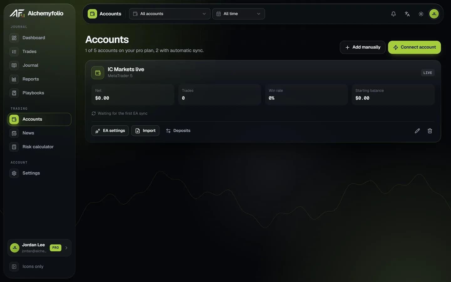 An account card saying Waiting for the first EA sync, with EA settings, Import and Deposits buttons