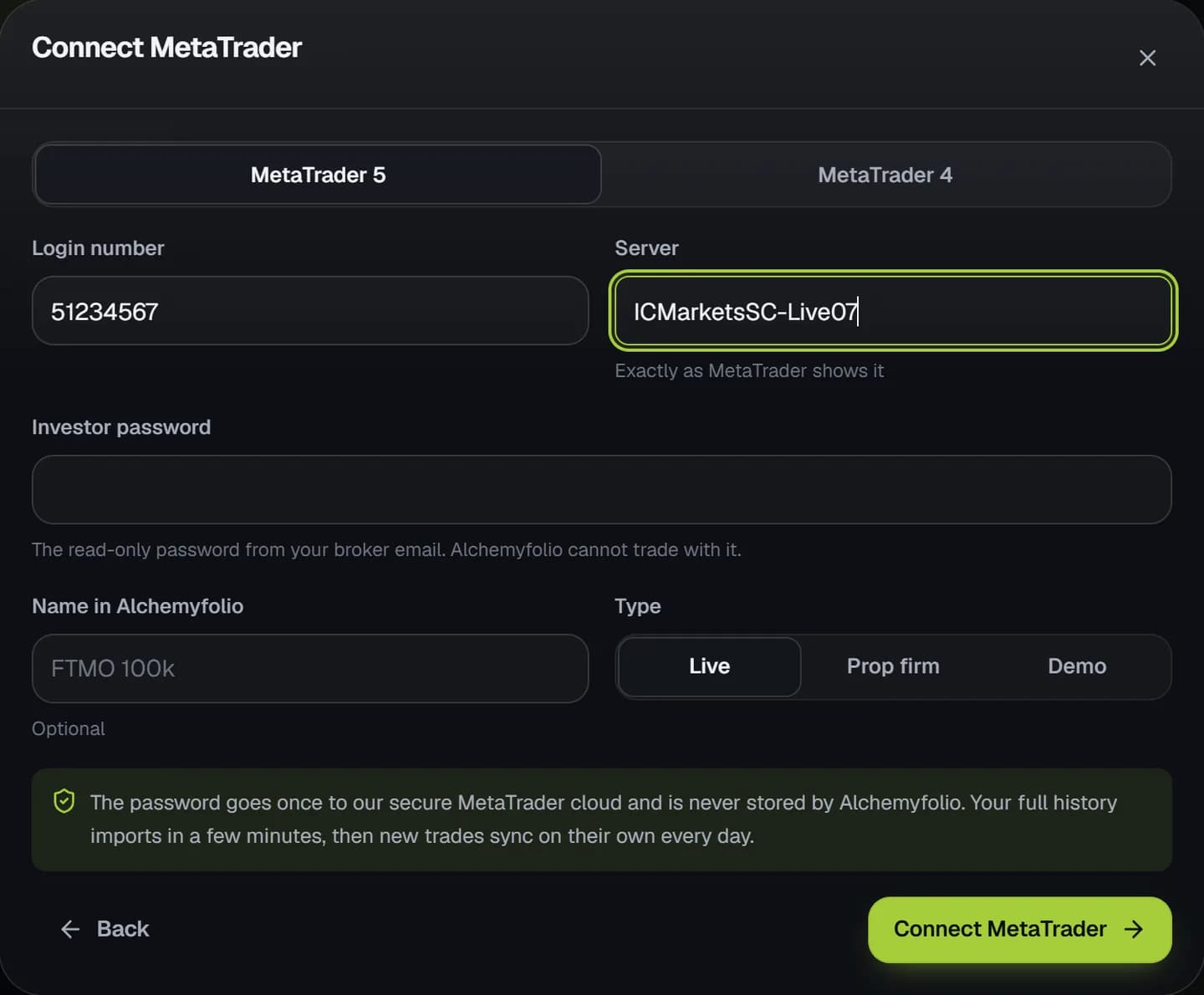 The Connect MetaTrader form with platform, login number, server and investor password