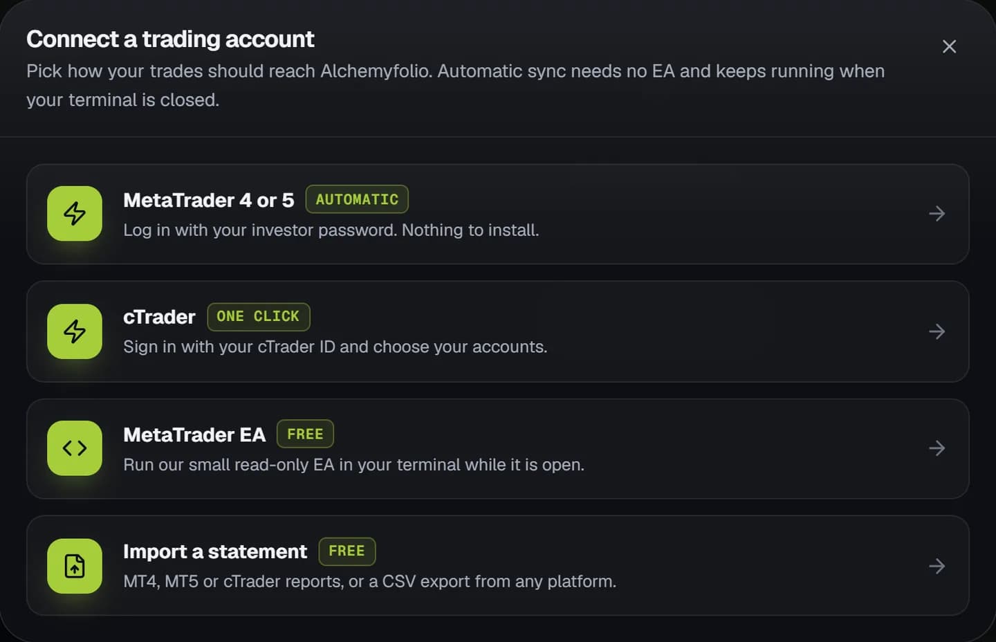 The Connect a trading account window listing automatic MetaTrader sync, cTrader, the free MetaTrader EA and statement import