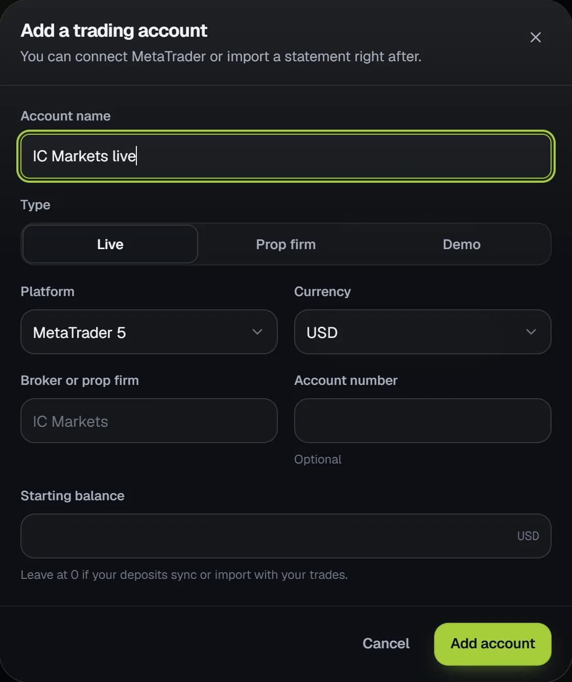 The new account form with the account name, type and platform