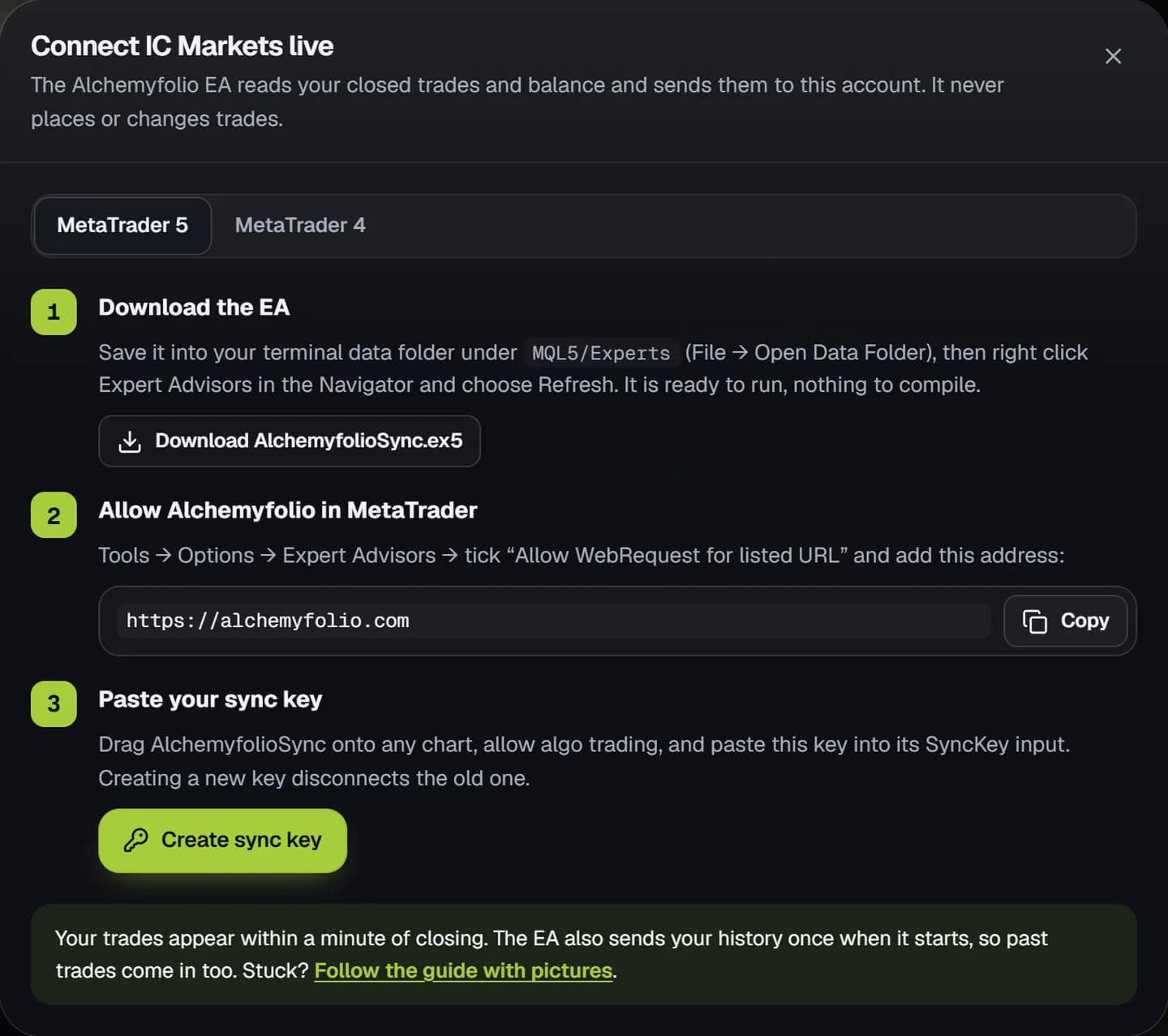 The Connect account window with three steps: download the EA, allow the web address and paste the sync key