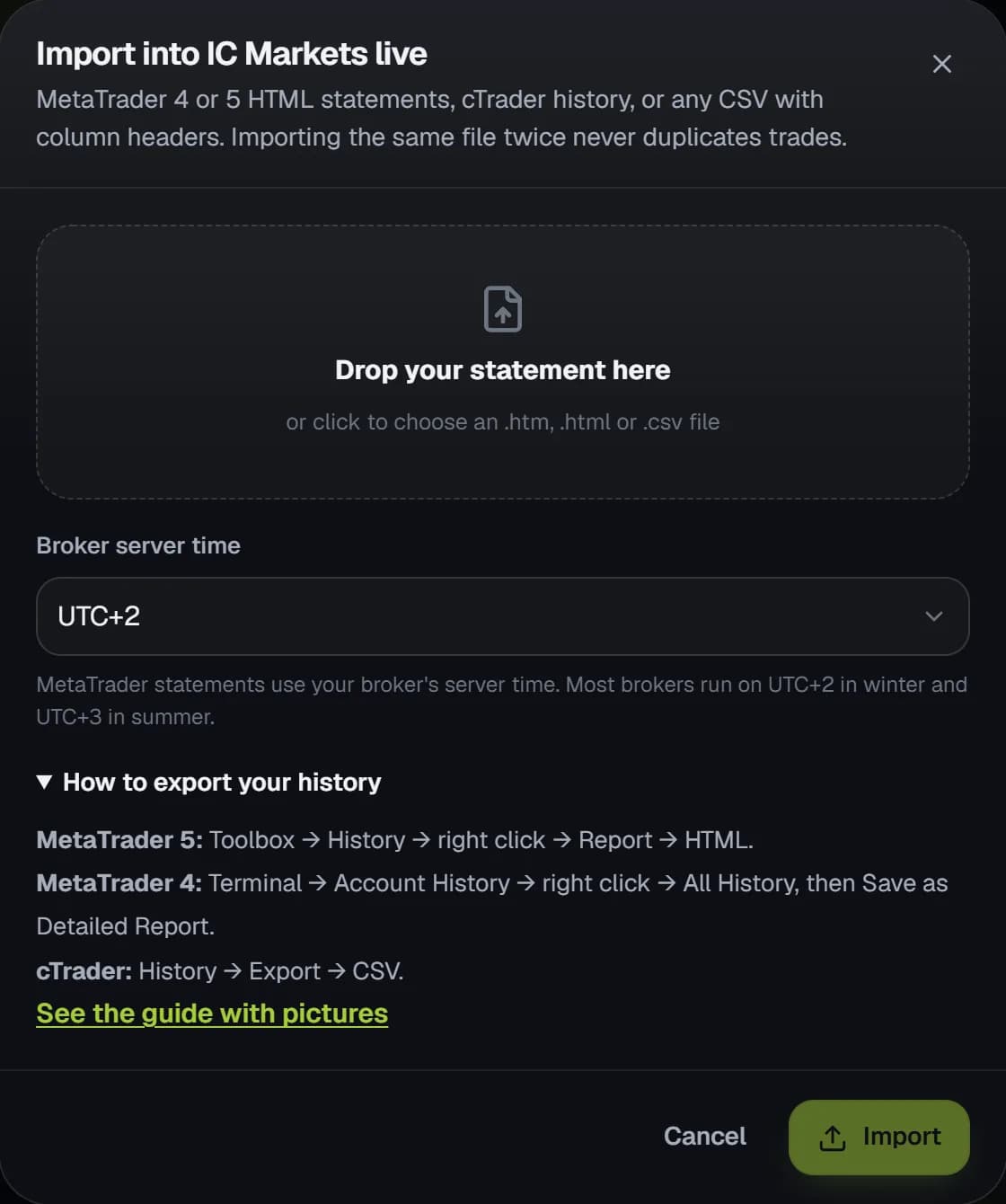 The Import window with How to export your history opened, showing the steps for MetaTrader 5, MetaTrader 4 and cTrader