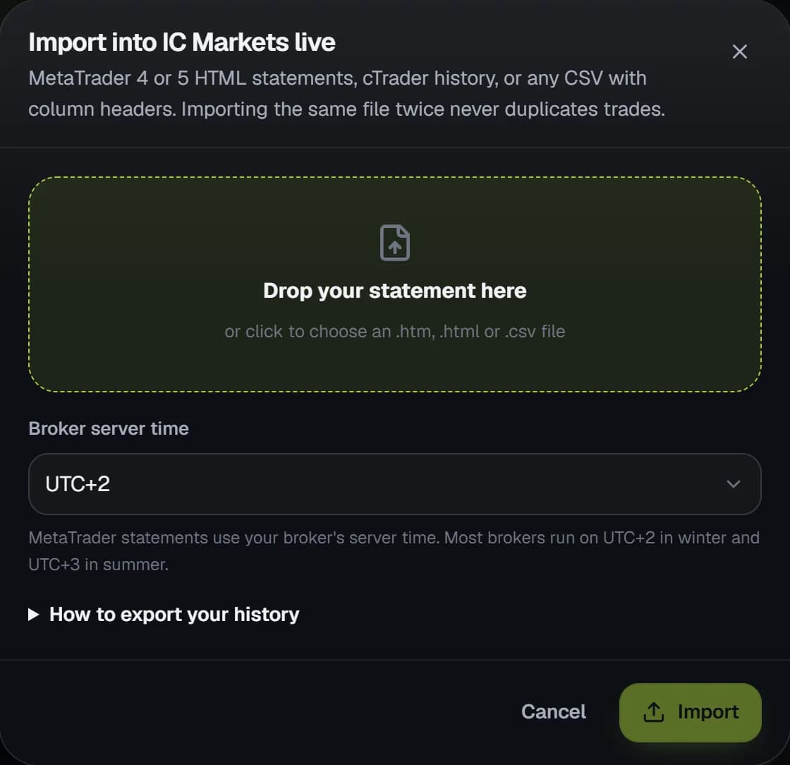 The Import window with a drop zone for the statement file and the broker server time
